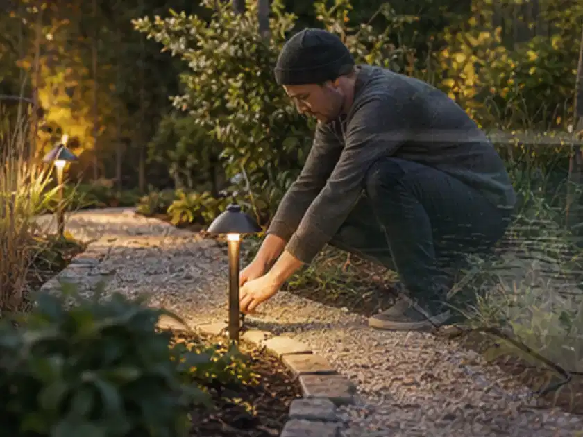 Person richtet eine niedrige warm leuchtende Gartenlampe am Kiesweg aus; Thema Geräteschuppen, Schwerpunkt Checkliste; Titelbild.