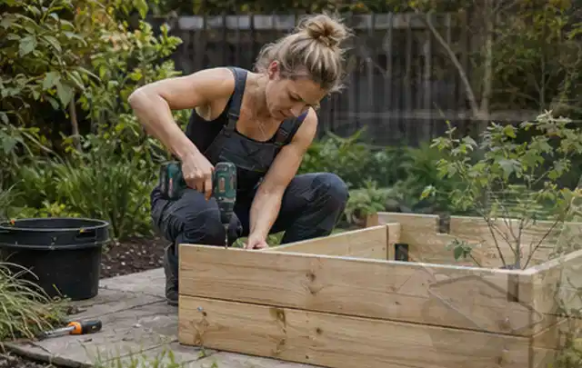 Person montiert ein massives Hochbeet aus unbehandeltem Holz im Garten; Thema Geräteschuppen, Schwerpunkt Checkliste; Ausgangslage.