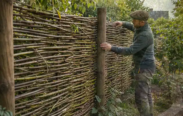 Person befestigt geflochtene Weidenruten an stabilen Holzpfosten im Garten; Thema Geräteschuppen, Schwerpunkt Checkliste; Kontrolle.