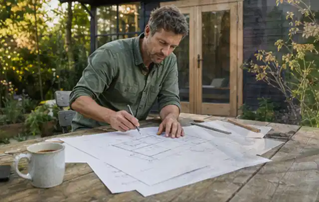 Person prüft Bauzeichnungen an einem Gartentisch vor einem kleinen Gartenhaus; Thema Geräteschuppen, Schwerpunkt Checkliste; Praxisalltag.