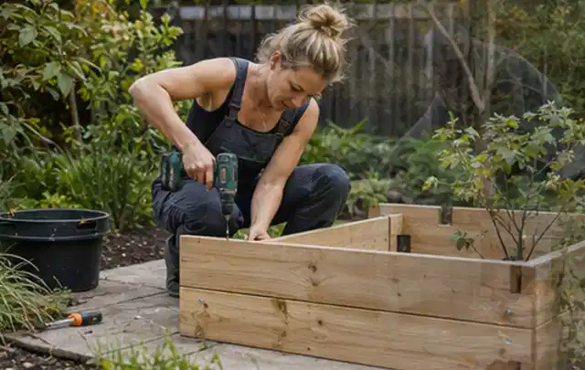Person montiert ein massives Hochbeet aus unbehandeltem Holz im Garten; Thema Geräteschuppen, Schwerpunkt Dimensionierung; Kontrolle.