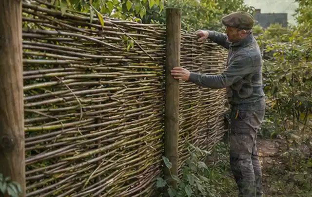 Person befestigt geflochtene Weidenruten an stabilen Holzpfosten im Garten; Thema Geräteschuppen, Schwerpunkt Dimensionierung; Ergebnis.