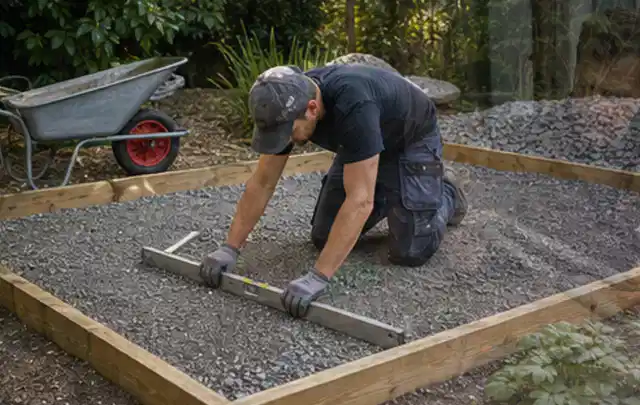 Person richtet eine verdichtete Kiesfläche mit Wasserwaage und Abziehlatte aus; Thema Geräteschuppen, Schwerpunkt Dimensionierung; Praxisalltag.