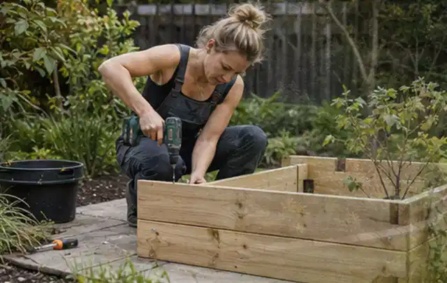 Person montiert ein massives Hochbeet aus unbehandeltem Holz im Garten; Thema Geräteschuppen, Schwerpunkt DIY; Ausgangslage.
