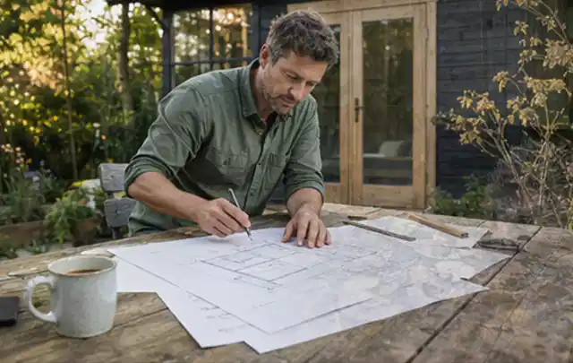 Person prüft Bauzeichnungen an einem Gartentisch vor einem kleinen Gartenhaus; Thema Geräteschuppen, Schwerpunkt DIY; Umsetzung.
