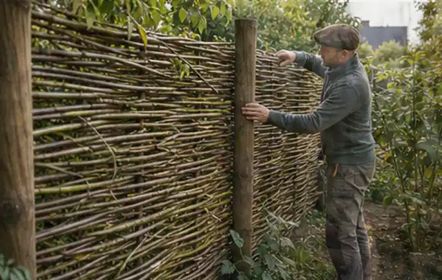 Person befestigt geflochtene Weidenruten an stabilen Holzpfosten im Garten; Thema Geräteschuppen, Schwerpunkt DIY; Ergebnis.
