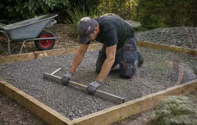 Person richtet eine verdichtete Kiesfläche mit Wasserwaage und Abziehlatte aus; Thema Geräteschuppen, Schwerpunkt DIY; Praxisalltag.