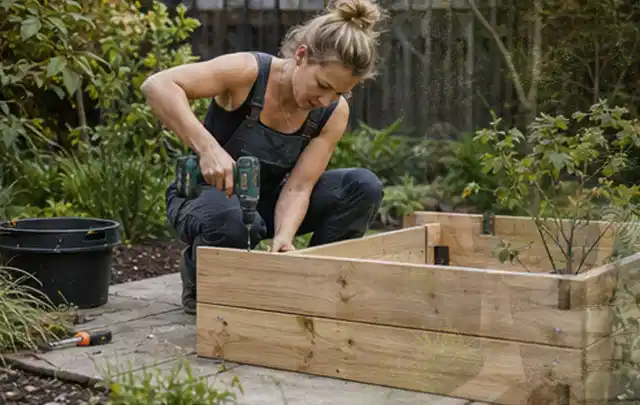 Person montiert ein massives Hochbeet aus unbehandeltem Holz im Garten; Thema Geräteschuppen, Schwerpunkt Fehlerhilfe; Umsetzung.