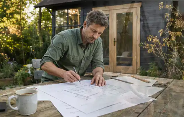 Person prüft Bauzeichnungen an einem Gartentisch vor einem kleinen Gartenhaus; Thema Geräteschuppen, Schwerpunkt Fehlerhilfe; Kontrolle.