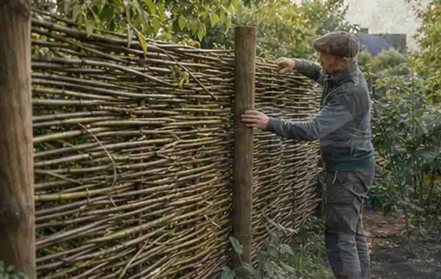 Person befestigt geflochtene Weidenruten an stabilen Holzpfosten im Garten; Thema Geräteschuppen, Schwerpunkt Fehlerhilfe; Ergebnis.