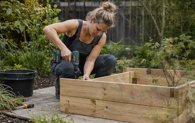 Person montiert ein massives Hochbeet aus unbehandeltem Holz im Garten; Thema Geräteschuppen, Schwerpunkt Fundament; Kontrolle.