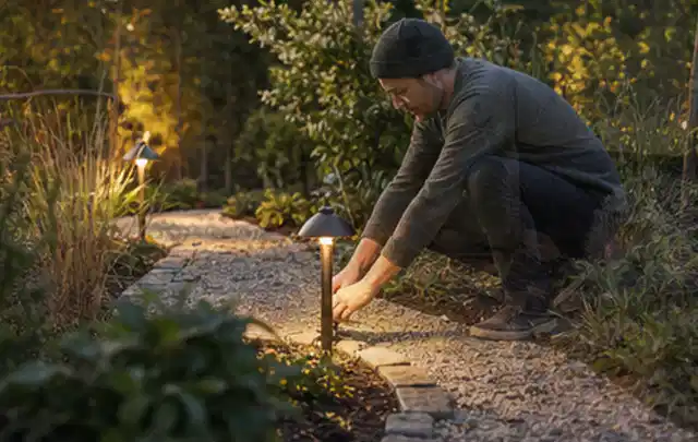 Person richtet eine niedrige warm leuchtende Gartenlampe am Kiesweg aus; Thema Geräteschuppen, Schwerpunkt Fundament; Ergebnis.