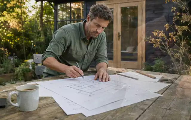 Person prüft Bauzeichnungen an einem Gartentisch vor einem kleinen Gartenhaus; Thema Geräteschuppen, Schwerpunkt Fundament; Praxisalltag.