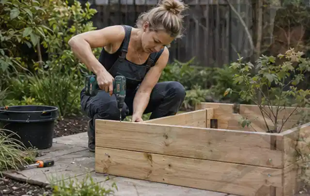 Person montiert ein massives Hochbeet aus unbehandeltem Holz im Garten; Thema Geräteschuppen, Schwerpunkt Gärten mit kleiner Fläche; Ausgangslage.