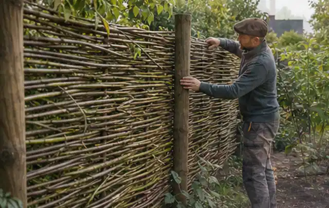Person befestigt geflochtene Weidenruten an stabilen Holzpfosten im Garten; Thema Geräteschuppen, Schwerpunkt Gartenhäuser; Ausgangslage.