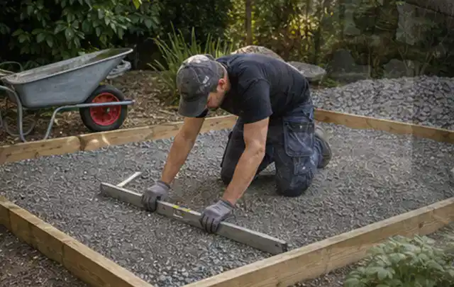 Person richtet eine verdichtete Kiesfläche mit Wasserwaage und Abziehlatte aus; Thema Geräteschuppen, Schwerpunkt Gartenhäuser; Umsetzung.