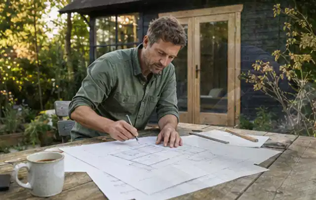 Person prüft Bauzeichnungen an einem Gartentisch vor einem kleinen Gartenhaus; Thema Geräteschuppen, Schwerpunkt Gartenhäuser; Kontrolle.