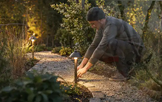 Person richtet eine niedrige warm leuchtende Gartenlampe am Kiesweg aus; Thema Geräteschuppen, Schwerpunkt Gartenhäuser; Ergebnis.