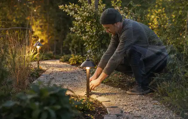 Person richtet eine niedrige warm leuchtende Gartenlampe am Kiesweg aus; Thema Geräteschuppen, Schwerpunkt Gartenhäuser Bauen; Umsetzung.
