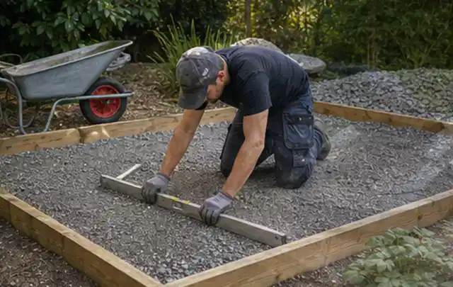 Person richtet eine verdichtete Kiesfläche mit Wasserwaage und Abziehlatte aus; Thema Geräteschuppen, Schwerpunkt Gartenhäuser Bauen; Ergebnis.