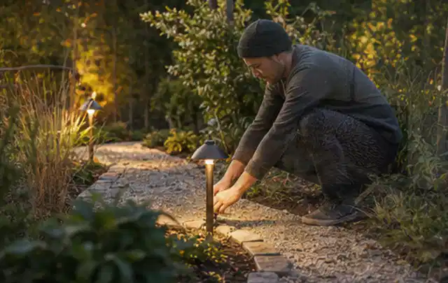 Person richtet eine niedrige warm leuchtende Gartenlampe am Kiesweg aus; Thema Geräteschuppen, Schwerpunkt Gestaltung; Ausgangslage.