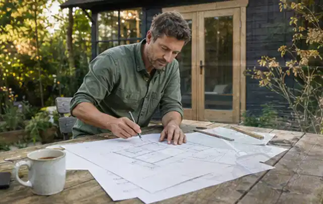 Person prüft Bauzeichnungen an einem Gartentisch vor einem kleinen Gartenhaus; Thema Geräteschuppen, Schwerpunkt Gestaltung; Umsetzung.
