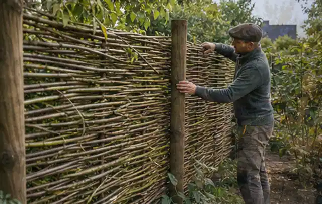 Person befestigt geflochtene Weidenruten an stabilen Holzpfosten im Garten; Thema Geräteschuppen, Schwerpunkt Gestaltung; Kontrolle.