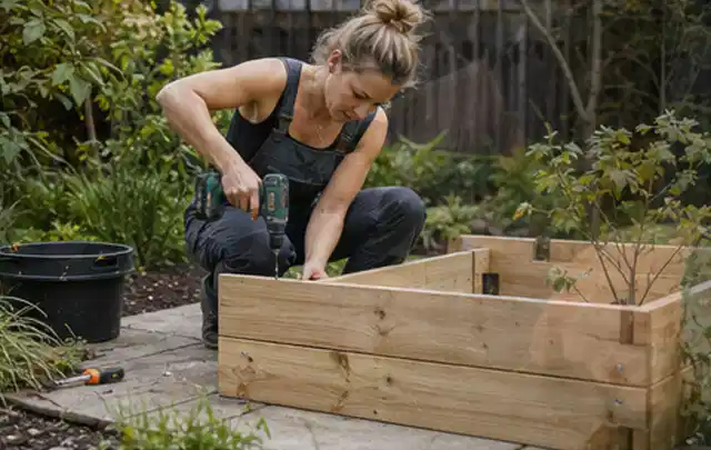 Person montiert ein massives Hochbeet aus unbehandeltem Holz im Garten; Thema Geräteschuppen, Schwerpunkt Gestaltung; Praxisalltag.