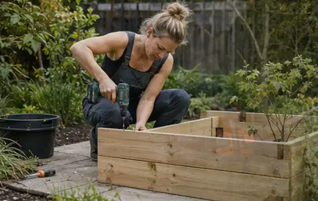 Person montiert ein massives Hochbeet aus unbehandeltem Holz im Garten; Thema Geräteschuppen, Schwerpunkt Kosten; Ausgangslage.