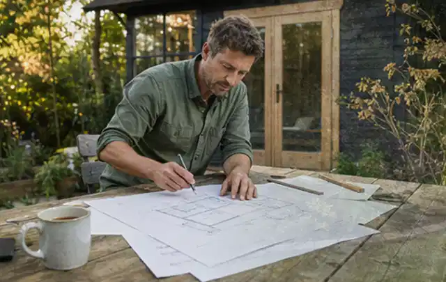 Person prüft Bauzeichnungen an einem Gartentisch vor einem kleinen Gartenhaus; Thema Geräteschuppen, Schwerpunkt Kosten; Praxisalltag.