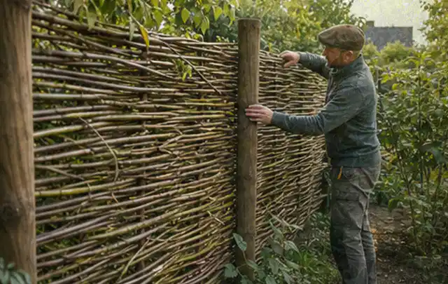 Person befestigt geflochtene Weidenruten an stabilen Holzpfosten im Garten; Thema Geräteschuppen, Schwerpunkt Materialwahl; Kontrolle.