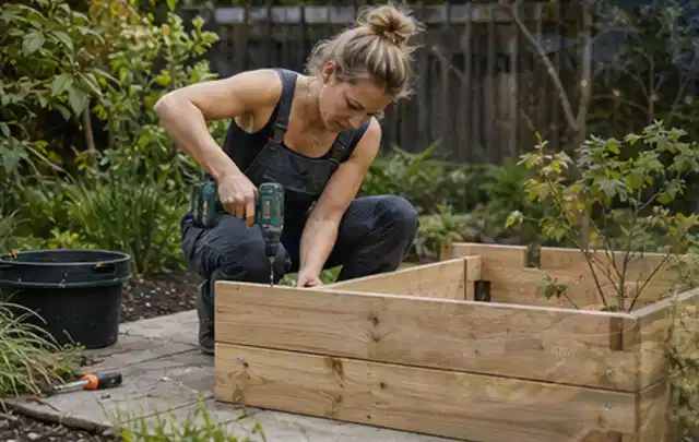 Person montiert ein massives Hochbeet aus unbehandeltem Holz im Garten; Thema Geräteschuppen, Schwerpunkt Materialwahl; Ergebnis.