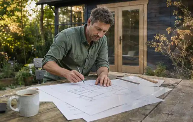 Person prüft Bauzeichnungen an einem Gartentisch vor einem kleinen Gartenhaus; Thema Geräteschuppen, Schwerpunkt Materialwahl; Praxisalltag.