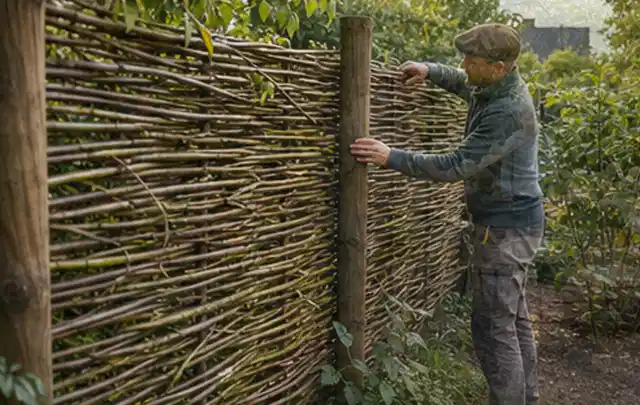 Person befestigt geflochtene Weidenruten an stabilen Holzpfosten im Garten; Thema Geräteschuppen, Schwerpunkt Nachhaltigkeit; Umsetzung.