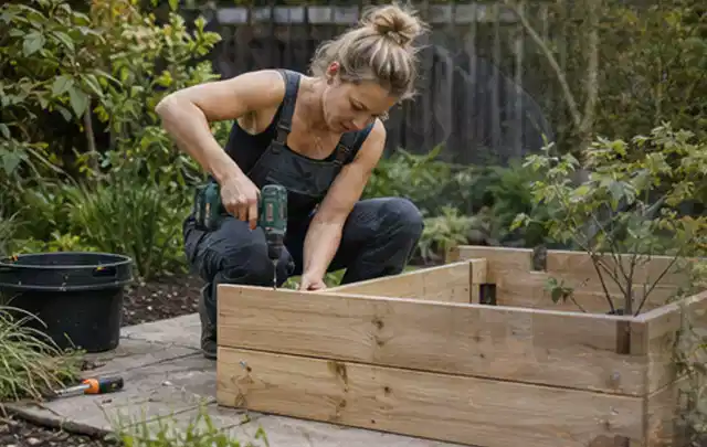 Person montiert ein massives Hochbeet aus unbehandeltem Holz im Garten; Thema Geräteschuppen, Schwerpunkt Nachhaltigkeit; Kontrolle.