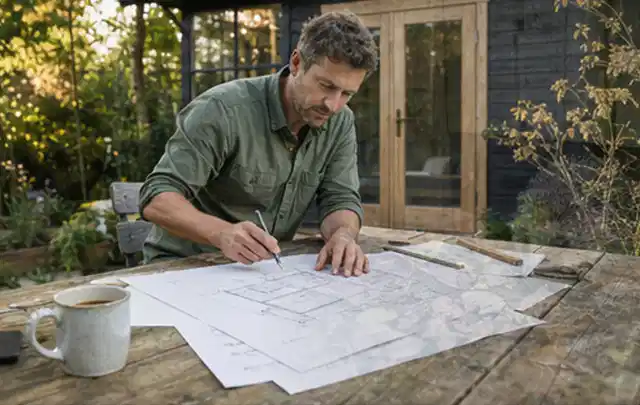 Person prüft Bauzeichnungen an einem Gartentisch vor einem kleinen Gartenhaus; Thema Geräteschuppen, Schwerpunkt Nachhaltigkeit; Ergebnis.