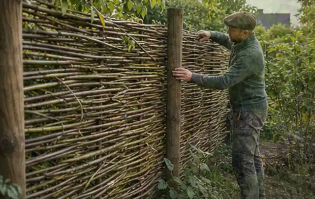 Person befestigt geflochtene Weidenruten an stabilen Holzpfosten im Garten; Thema Geräteschuppen, Schwerpunkt Pflege; Umsetzung.