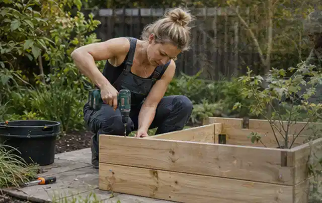 Person montiert ein massives Hochbeet aus unbehandeltem Holz im Garten; Thema Geräteschuppen, Schwerpunkt Pflege; Kontrolle.