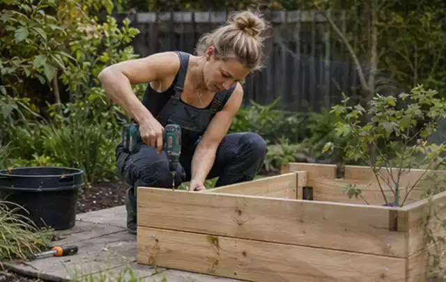 Person montiert ein massives Hochbeet aus unbehandeltem Holz im Garten; Thema Geräteschuppen, Schwerpunkt Winterschutz; Kontrolle.