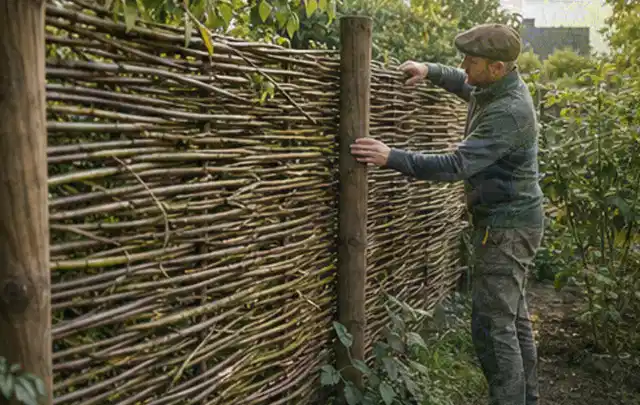 Person befestigt geflochtene Weidenruten an stabilen Holzpfosten im Garten; Thema Geräteschuppen, Schwerpunkt Winterschutz; Ergebnis.