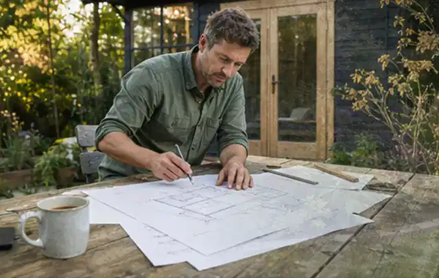 Person prüft Bauzeichnungen an einem Gartentisch vor einem kleinen Gartenhaus; Thema Geräteschuppen, Schwerpunkt Winterschutz; Praxisalltag.