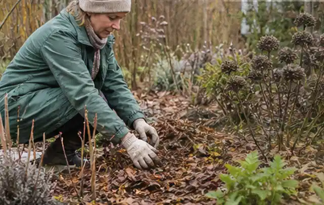 Person verteilt eine schützende Mulchschicht zwischen winterlichen Stauden; Thema Geranien, Schwerpunkt Bewässerung; Ausgangslage.