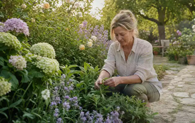 Person pflegt üppige Pflanzen in einem natürlich beleuchteten Garten; Thema Geranien, Schwerpunkt Blumen; Ergebnis.