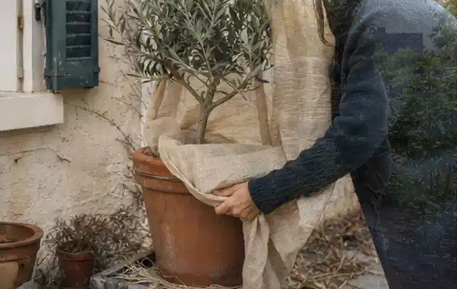 Person umhüllt eine mediterrane Kübelpflanze mit atmungsaktivem Winterschutz; Thema Geranien, Schwerpunkt Boden; Ausgangslage.
