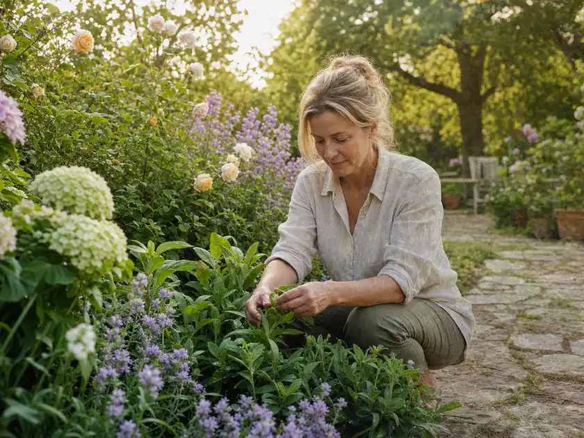 Person pflegt üppige Pflanzen in einem natürlich beleuchteten Garten; Thema Geranien, Schwerpunkt Düngung; Titelbild.