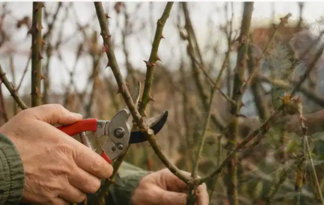 Hände schneiden einen älteren Rosenstrauch mit einer sauberen Gartenschere; Thema Geranien, Schwerpunkt Fehlerhilfe; Umsetzung.