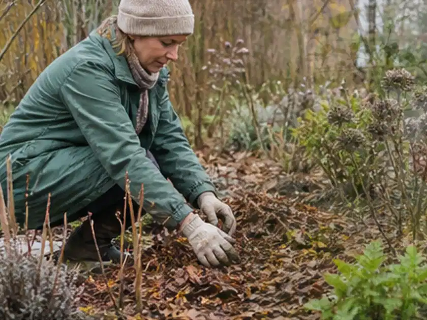 Person verteilt eine schützende Mulchschicht zwischen winterlichen Stauden; Thema Geranien, Schwerpunkt Gartenpraxis; Titelbild.