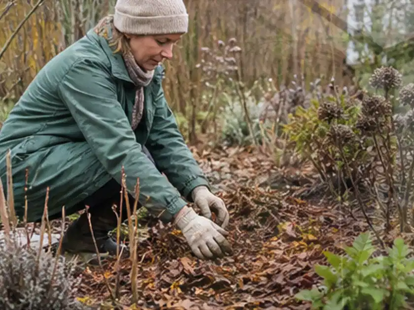 Person verteilt eine schützende Mulchschicht zwischen winterlichen Stauden; Thema Geranien, Schwerpunkt Jahrespflege; Titelbild.