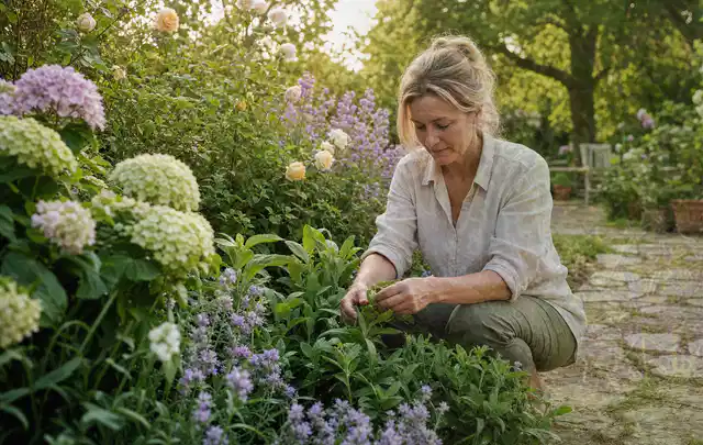 Person pflegt üppige Pflanzen in einem natürlich beleuchteten Garten; Thema Geranien, Schwerpunkt Jahrespflege; Praxisalltag.