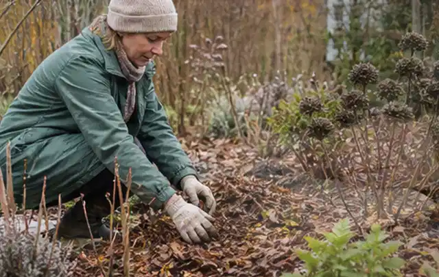 Person verteilt eine schützende Mulchschicht zwischen winterlichen Stauden; Thema Geranien, Schwerpunkt Pflanzenschutz; Kontrolle.